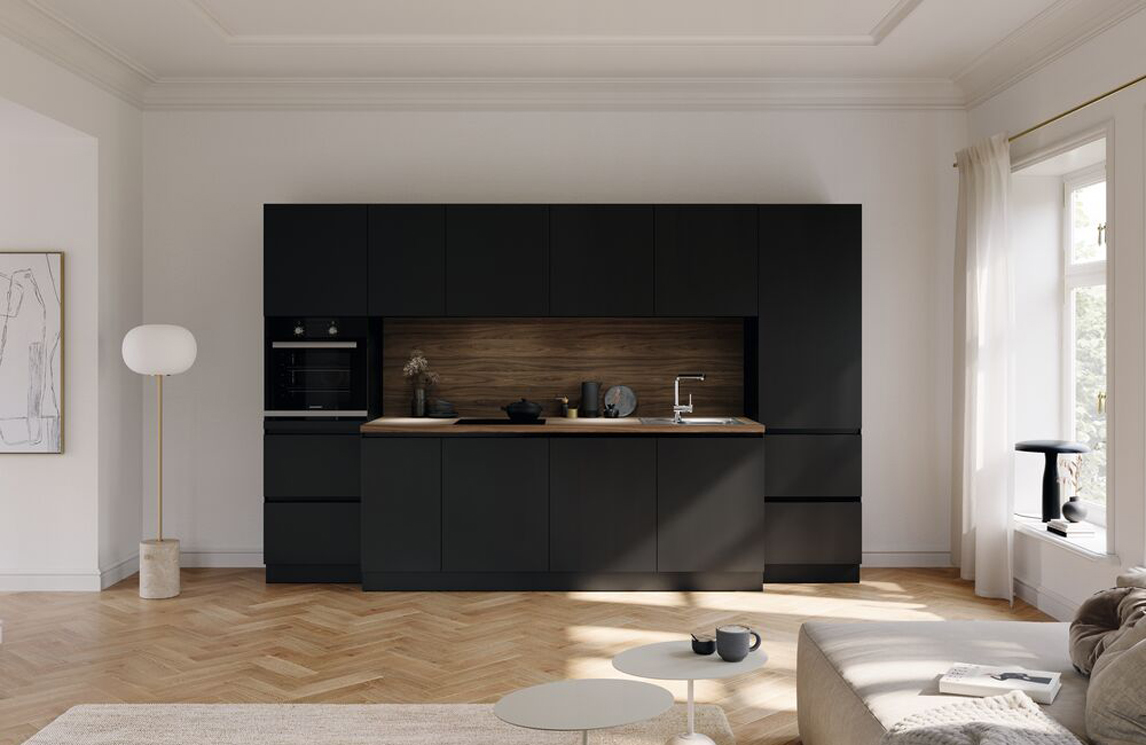 Design keuken in het zwart met diepteverschil