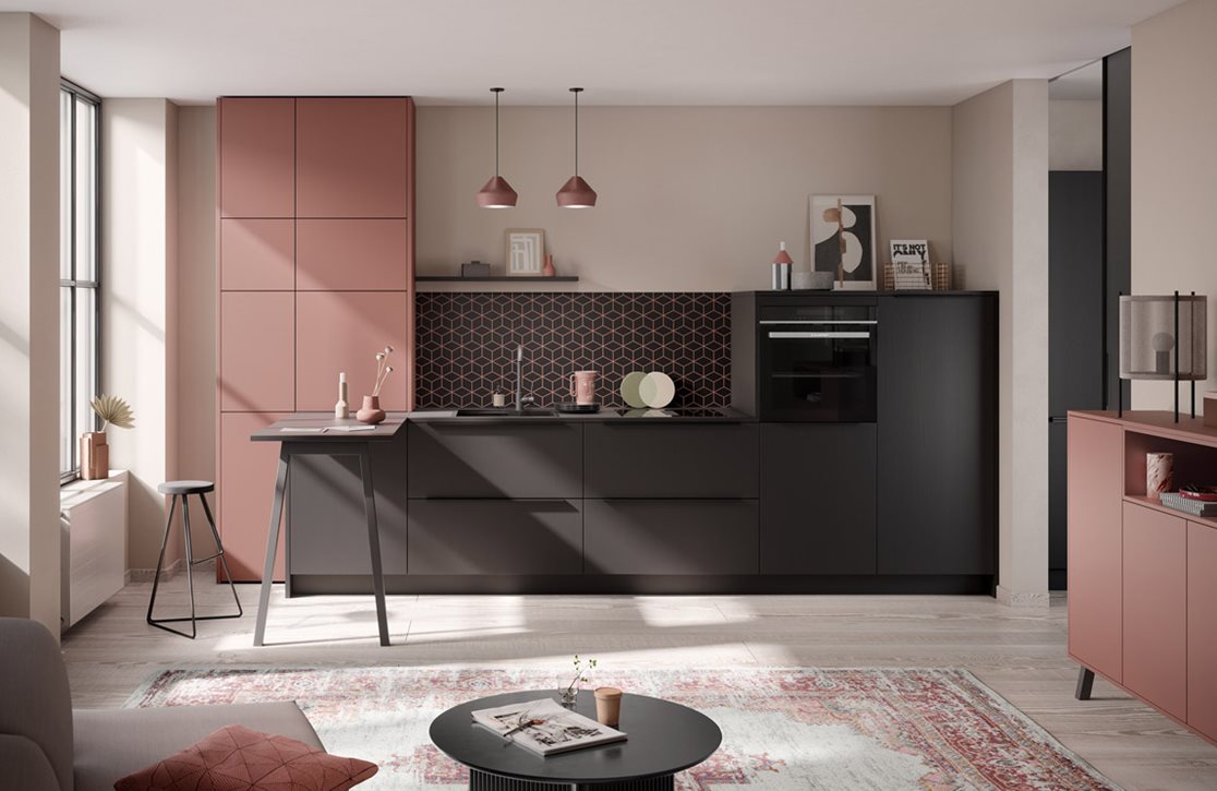 Design eiken zwarte keuken met kasten in de kleur amarant